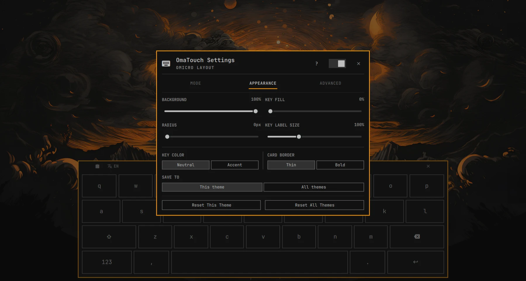 The appearance tab: opacity, radius and key colour